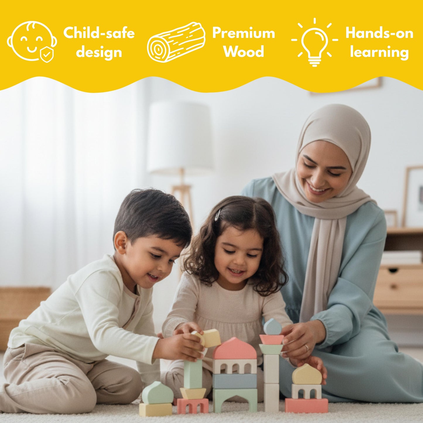 Masjid Blocks | Islamic Montessori Wooden Stacking Toy & Building Set, Mosque Construction