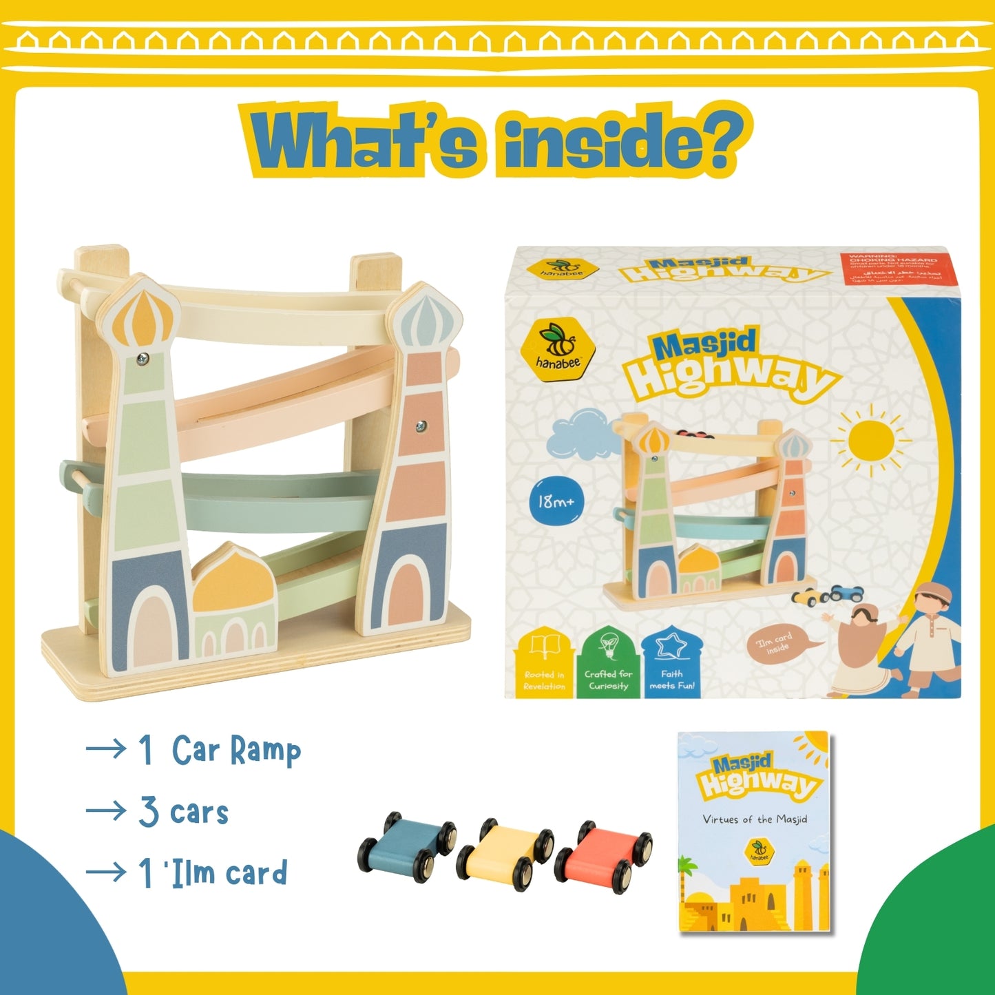 Masjid Highway | Islamic Wooden Track Car Ramp Racer with 4 Mini Cars