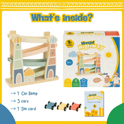 Masjid Highway | Islamic Wooden Track Car Ramp Racer with 4 Mini Cars