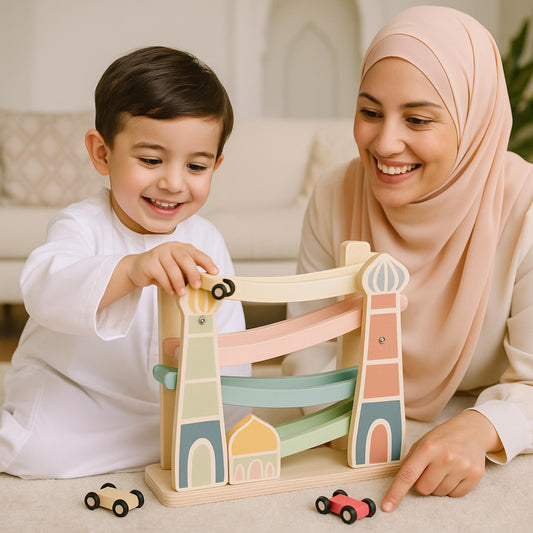 Masjid Highway | Islamic Wooden Track Car Ramp Racer with 4 Mini Cars